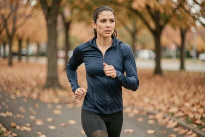 Femme qui court en parc urbain à allure soutenue pour atteindre 10 km en 50 minutes