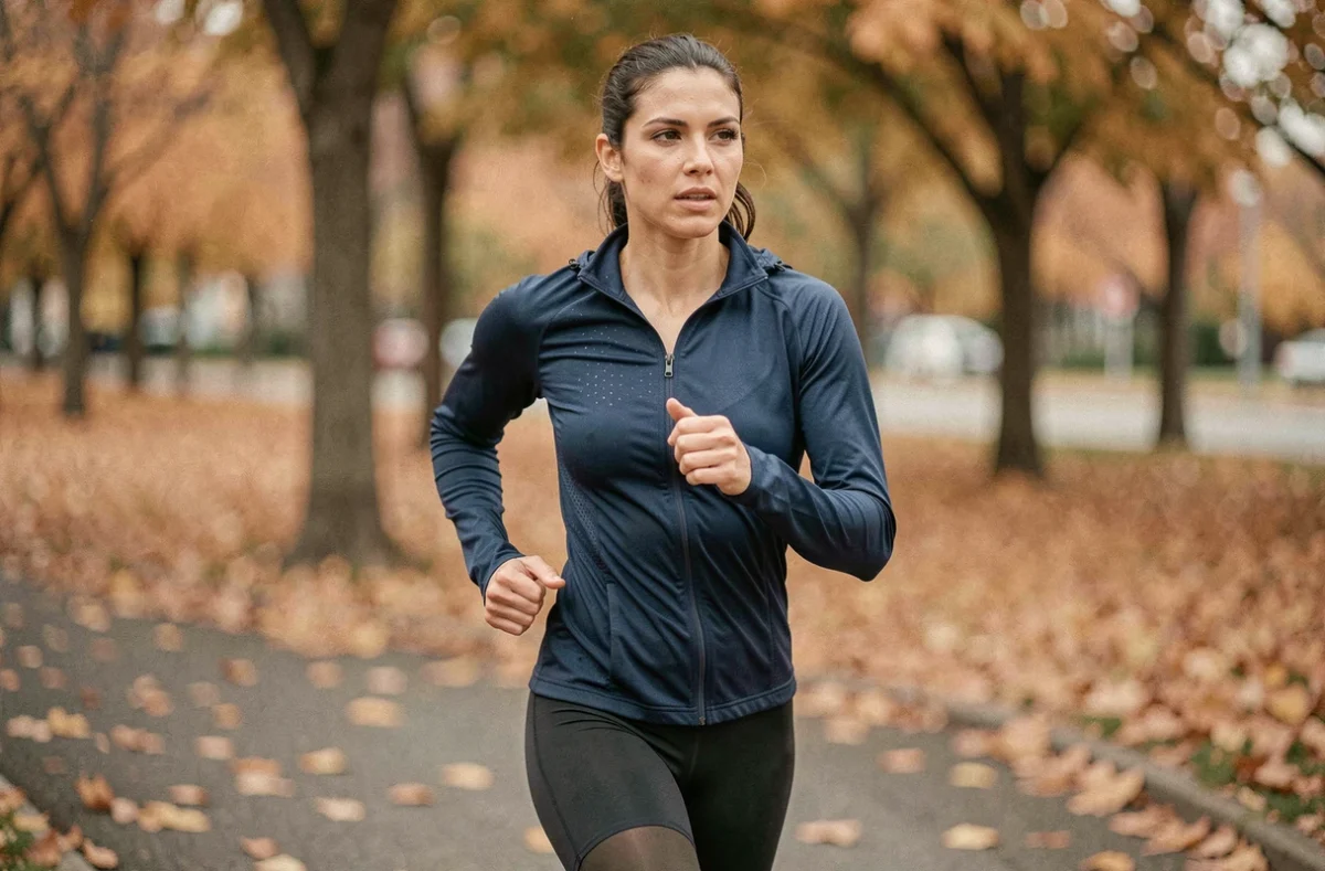 Femme qui court en parc urbain à allure soutenue pour atteindre 10 km en 50 minutes