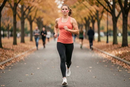 Femme qui court à allure régulière dans un parc urbain en automne pour préparer un 10 km en 1 heure
