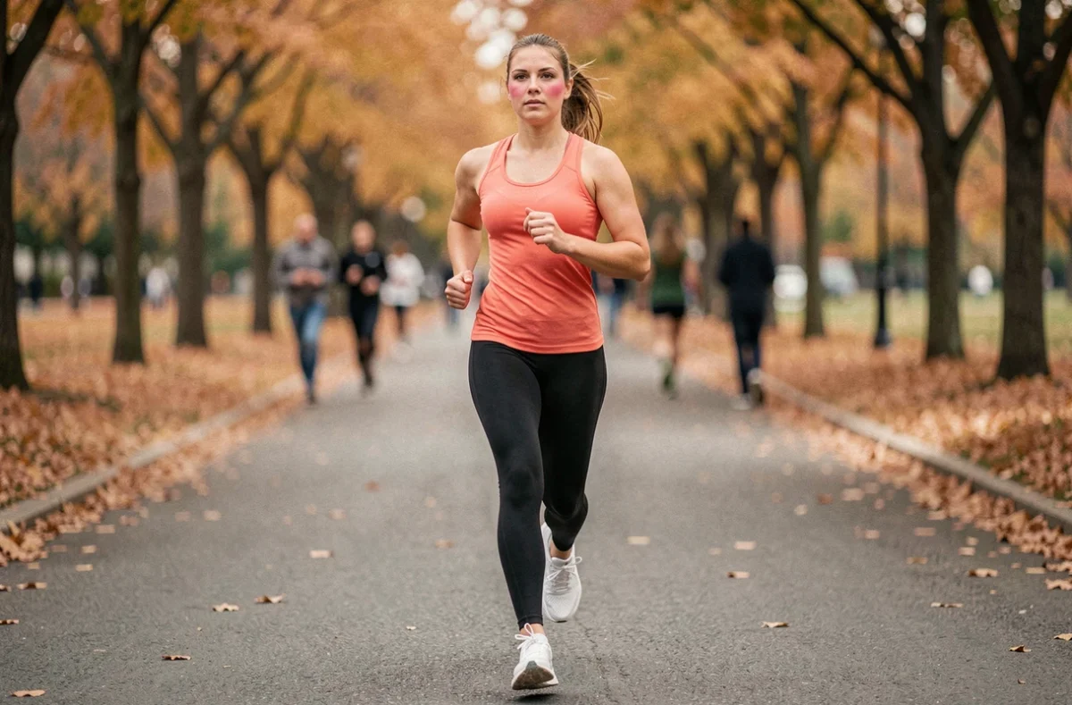 Femme qui court à allure régulière dans un parc urbain en automne pour préparer un 10 km en 1 heure