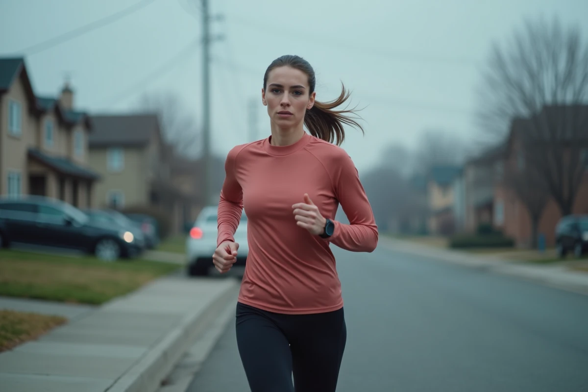 Femme qui court seule sur un trottoir en début de matinée avec une expression épuisée, évoquant les effets du manque de sommeil sur la performance sportive