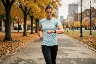 Femme qui court en ville avec une montre GPS pour calculer sa vitesse en kilomètres par heure et optimiser sa perte de poids