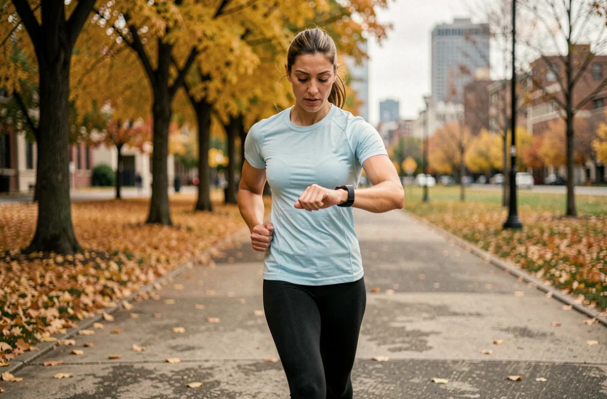 Femme qui court en ville avec une montre GPS pour calculer sa vitesse en kilomètres par heure et optimiser sa perte de poids