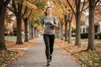 Femme débutante qui fait son premier jogging sur un chemin automnal, programme course à pied débutant