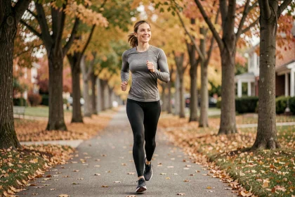 Femme débutante qui fait son premier jogging sur un chemin automnal, programme course à pied débutant