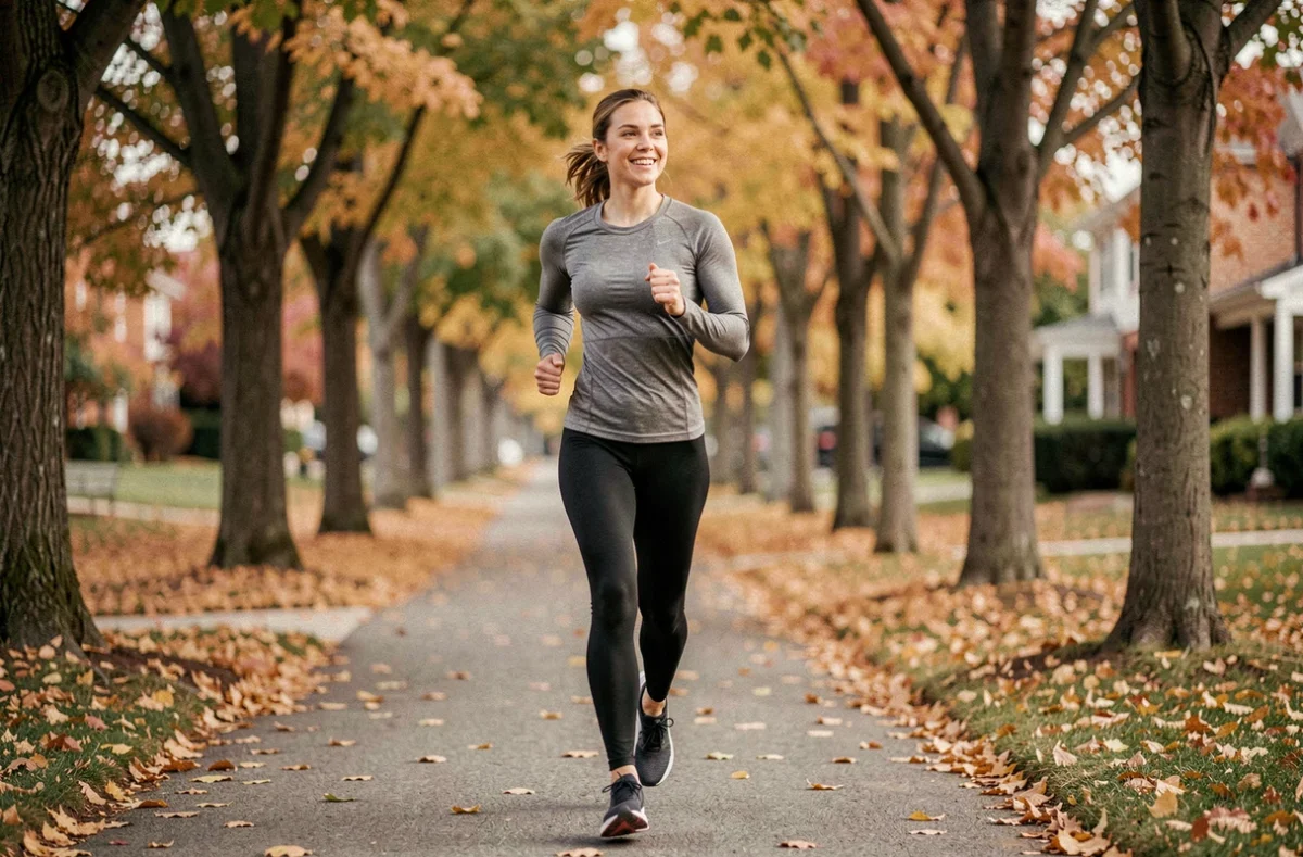 Femme débutante qui fait son premier jogging sur un chemin automnal, programme course à pied débutant