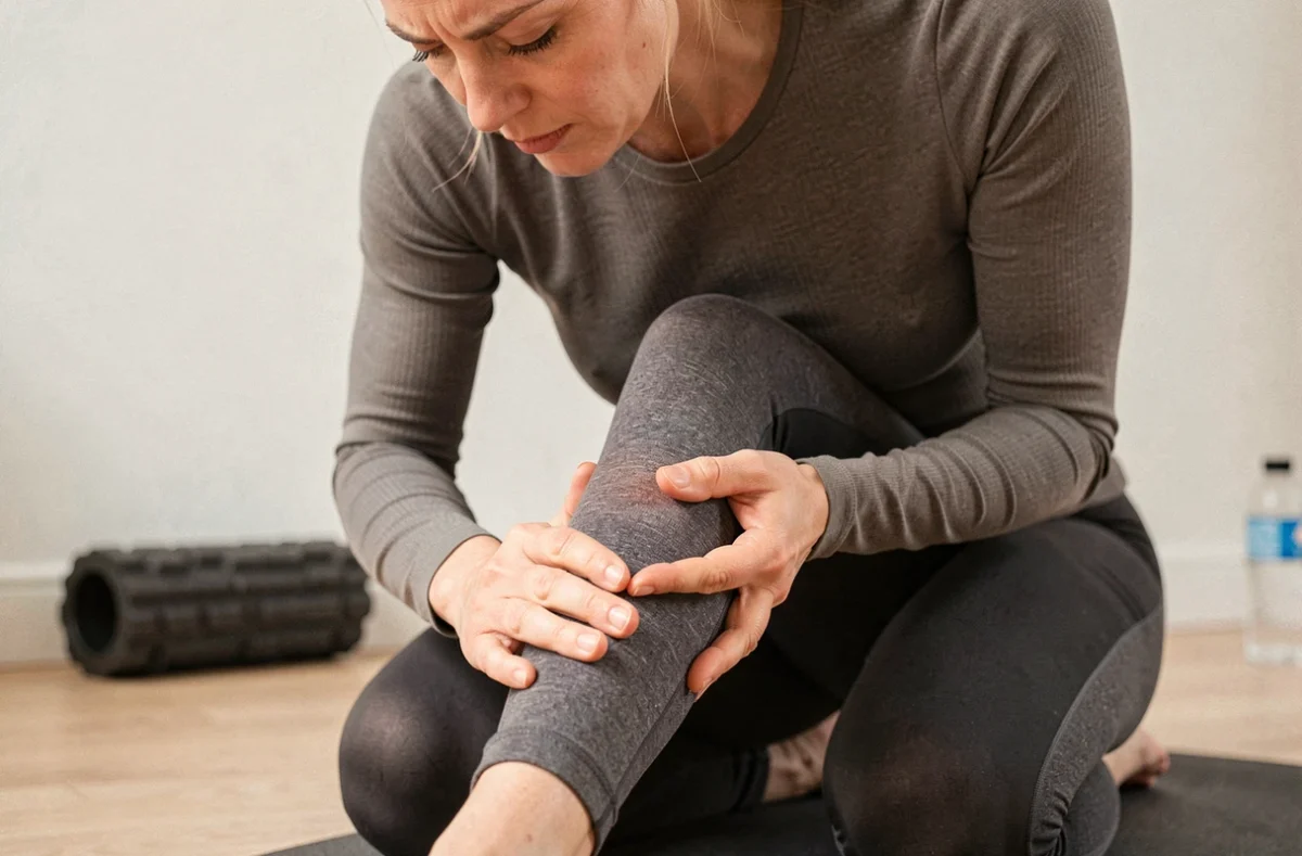 Femme évaluant une douleur au genou après la course à pied sur un tapis de yoga à la maison