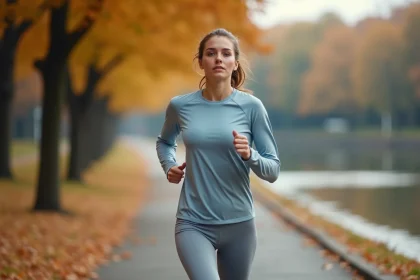Femme qui fait du jogging dans un parc en automne pour réduire l'anxiété et la dépression