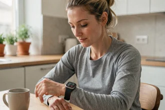 Femme consultant sa montre connectée à la maison le matin