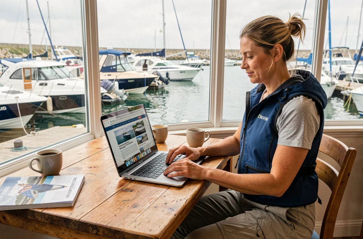 Femme passionnée de nautisme consultant le blog Aunis Moto Nautic sur un ordinateur dans un café de marina
