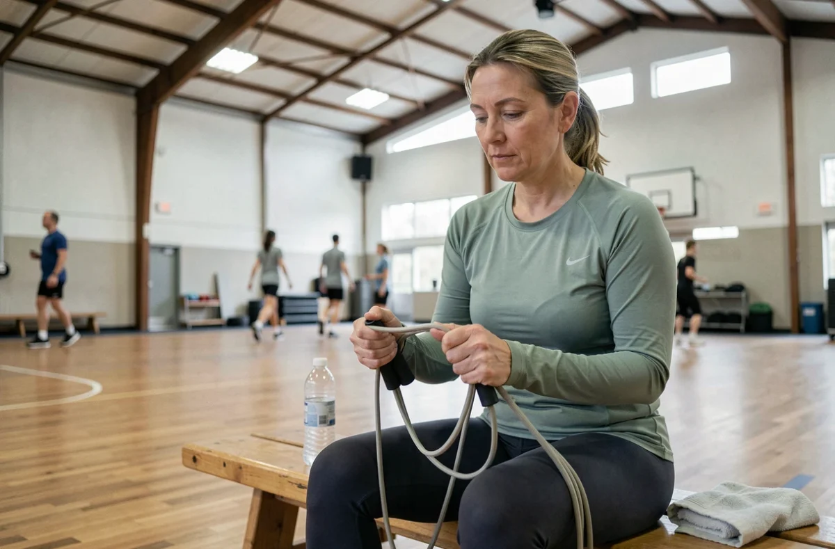 Femme enroulant sa corde à sauter après l'entraînement dans une salle de sport communautaire