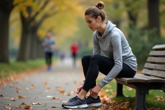 Femme de 40 ans qui lace ses chaussures de sport dans un parc avant de reprendre la course à pied après une longue pause