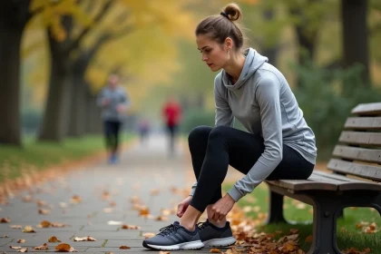 Femme de 40 ans qui lace ses chaussures de sport dans un parc avant de reprendre la course à pied après une longue pause
