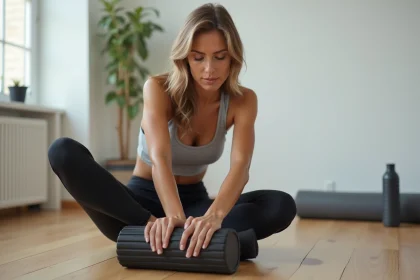 Femme utilisant un rouleau en mousse sur la cuisse après une séance de course à pied dans un espace gym minimaliste