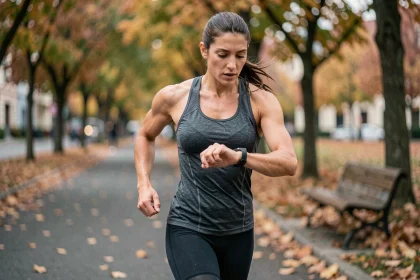 Femme en train de courir en ville qui consulte sa montre connectée pendant l'effort sportif