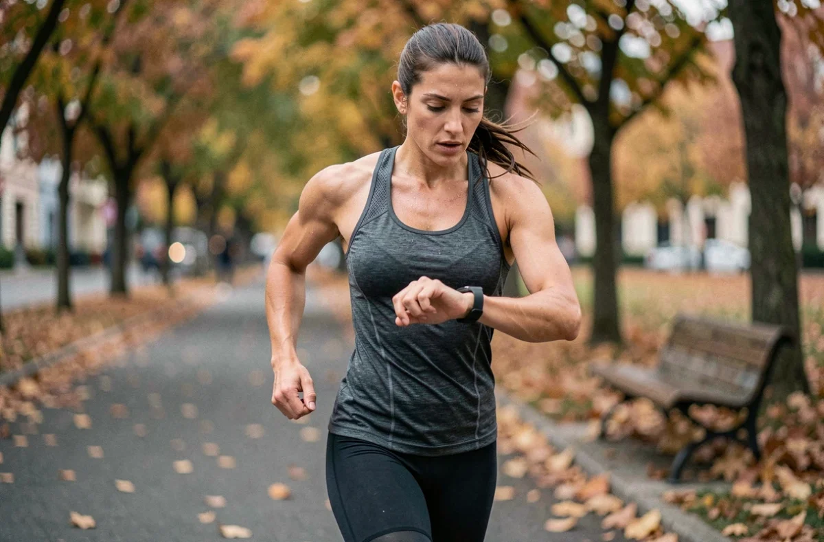 Femme en train de courir en ville qui consulte sa montre connectée pendant l'effort sportif