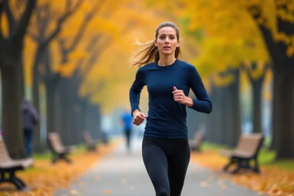 Femme en train de courir dans un parc en automne pour illustrer les bienfaits du sport sur la santé