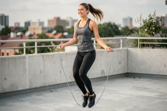 Femme sportive qui saute à la corde en plein air sur une terrasse urbaine pour brûler des calories