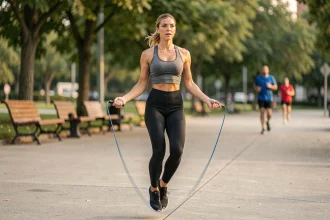 Femme sportive sautant à la corde en plein air dans un parc urbain, tenue de sport noire et grise, mouvement dynamique