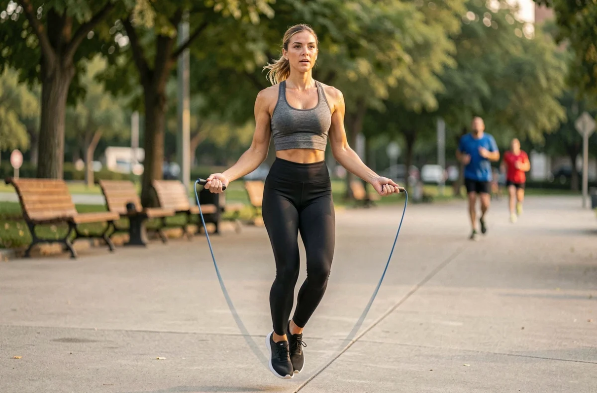 Femme sportive sautant à la corde en plein air dans un parc urbain, tenue de sport noire et grise, mouvement dynamique