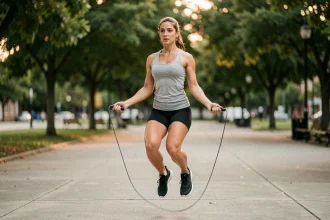 Femme en train de sauter à la corde dans un parc urbain pendant une séance d'entraînement cardio