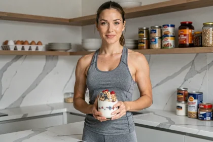 Femme sportive tenant un pot de yaourt grec riche en protéines dans une cuisine moderne avec des aliments protéinés en arrière-plan
