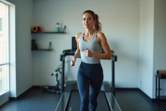 Femme en tenue de sport courant sur un tapis de course dans une salle de fitness à domicile, appareil de cardio pour maigrir