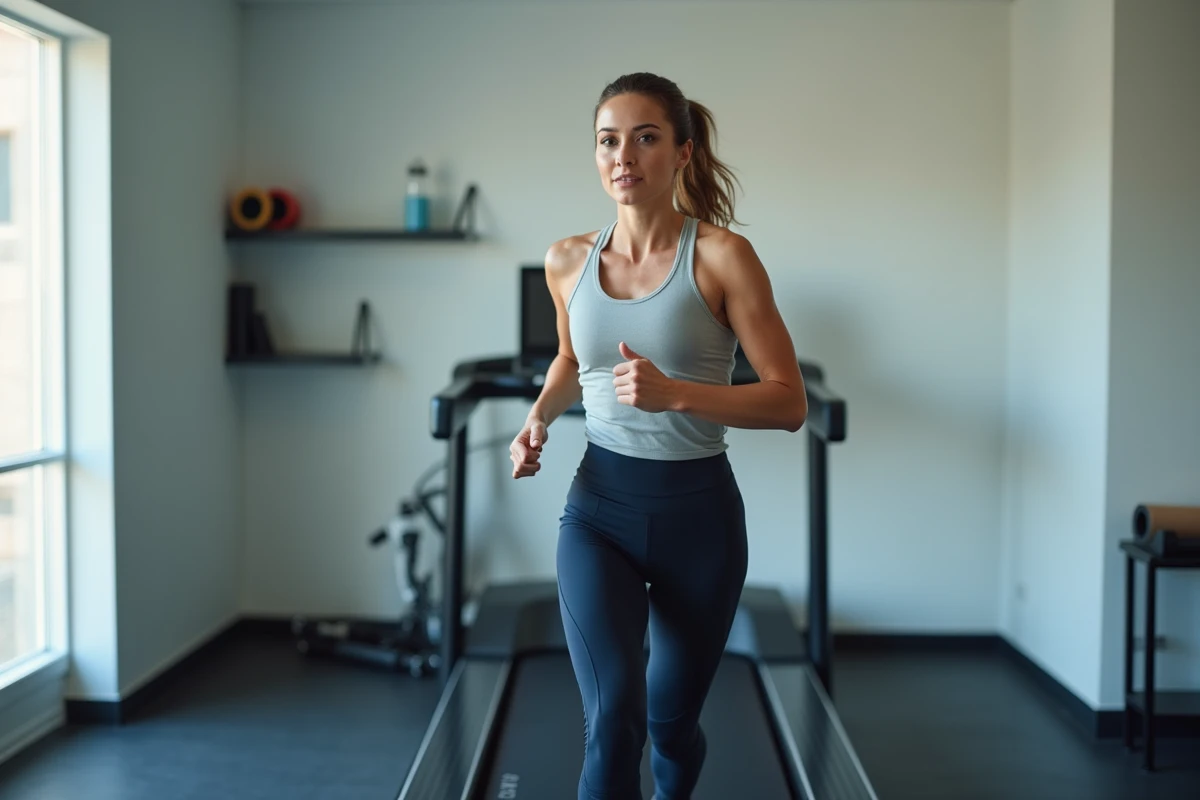 Femme en tenue de sport courant sur un tapis de course dans une salle de fitness à domicile, appareil de cardio pour maigrir