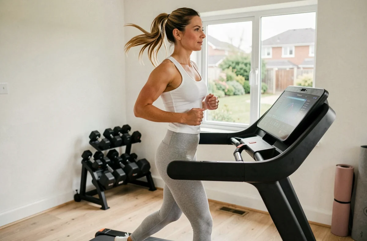 Femme s'entraînant sur un tapis de course dans une salle de sport à domicile moderne