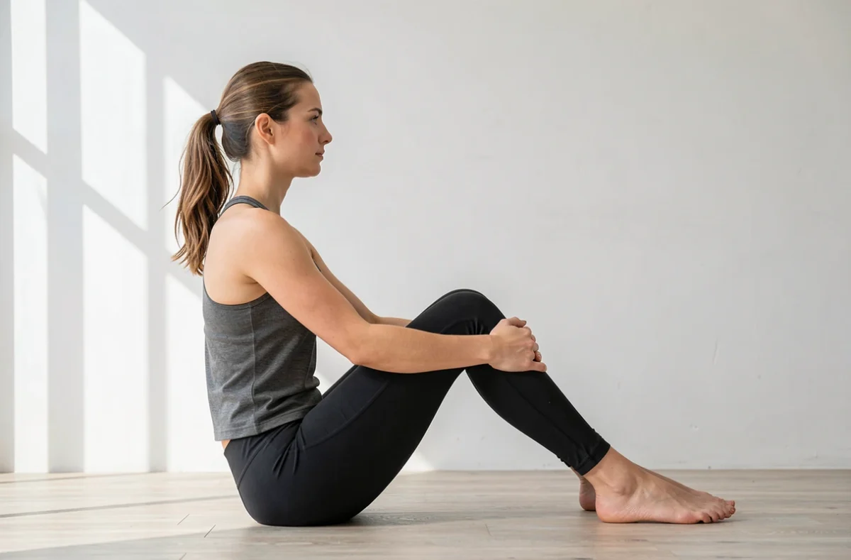 Femme tenant la position de la chaise contre un mur blanc
