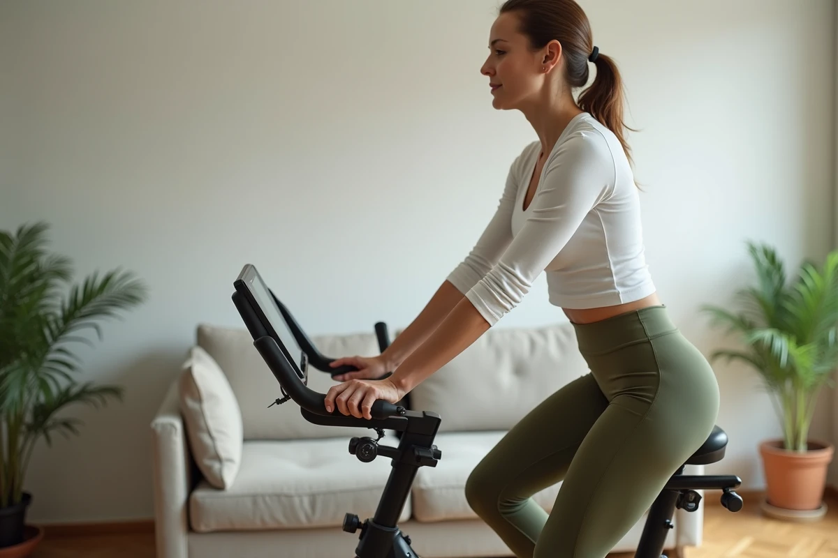 Femme pédalant sur un vélo d'appartement chez elle, vélo stationnaire comme appareil de fitness pour maigrir