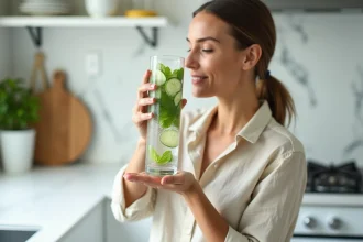 Femme tenant un grand verre d'eau infusée au concombre et à la menthe dans une cuisine moderne, illustrant l'hydratation du corps