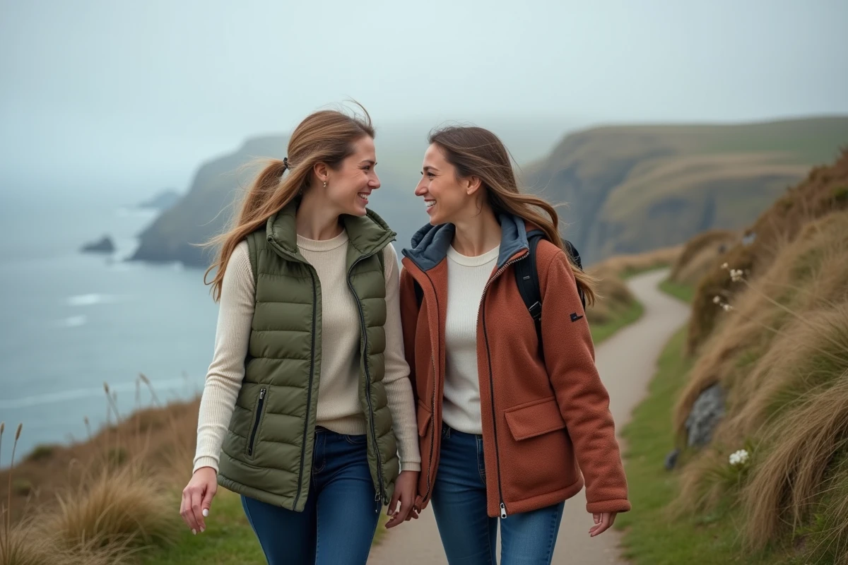 Deux femmes marchant sur un sentier côtier pour améliorer leur bien-être mental et réduire la dépression