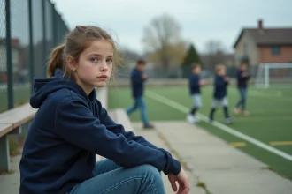 Adolescente assise sur des gradins regardant des garçons jouer au football, illustrant l'inégalité d'accès au sport selon le genre