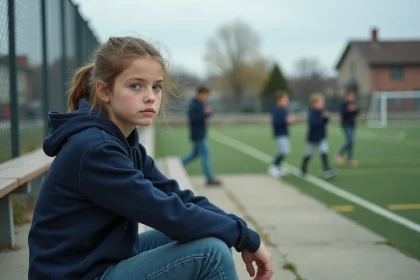 Adolescente assise sur des gradins regardant des garçons jouer au football, illustrant l'inégalité d'accès au sport selon le genre