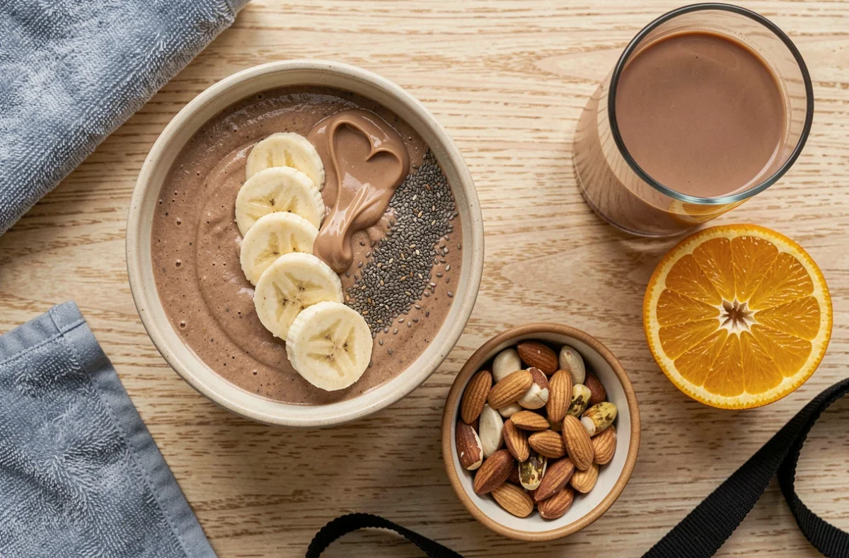 Vue de dessus d'un repas de récupération sportive avec smoothie bowl, fruits, noix et lait chocolaté sur bois clair