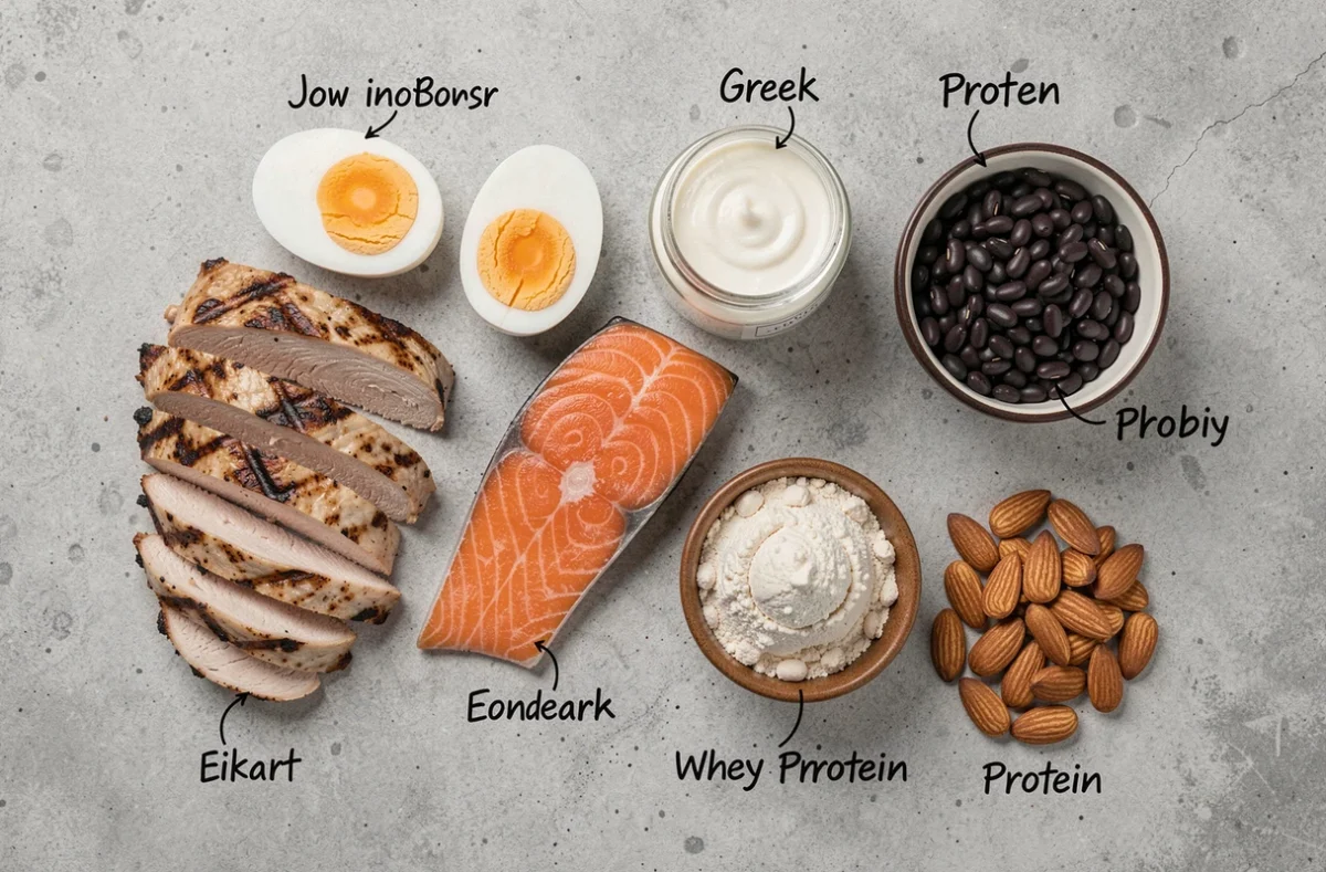 Flat lay de tous les aliments riches en protéines pour atteindre 100 grammes de protéines par jour