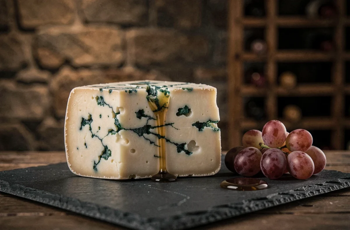 Morceau de fromage bleu avec ses veines bleues-vertes caractéristiques sur une ardoise
