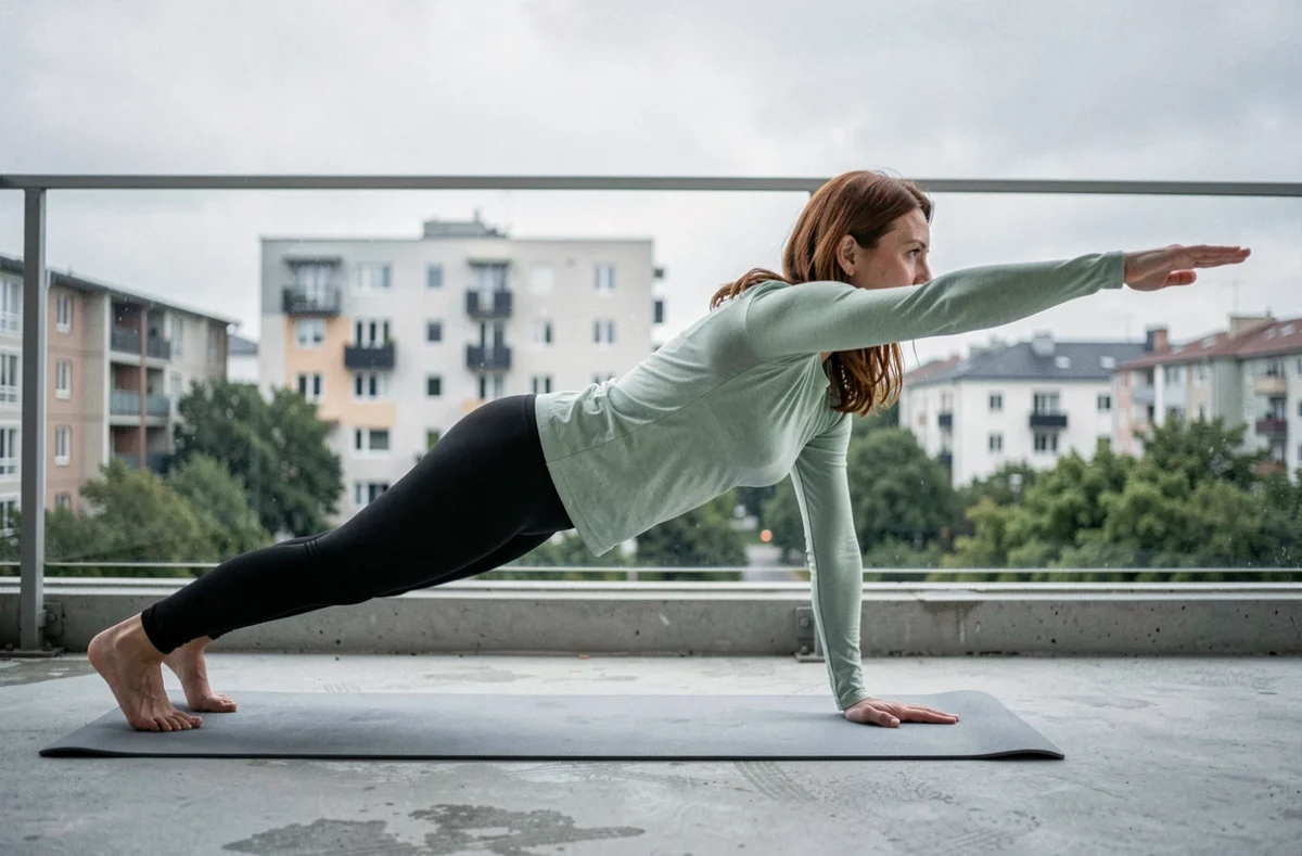 Femme réalisant un exercice de gainage avec extension de bras sur tapis de yoga sur un balcon urbain