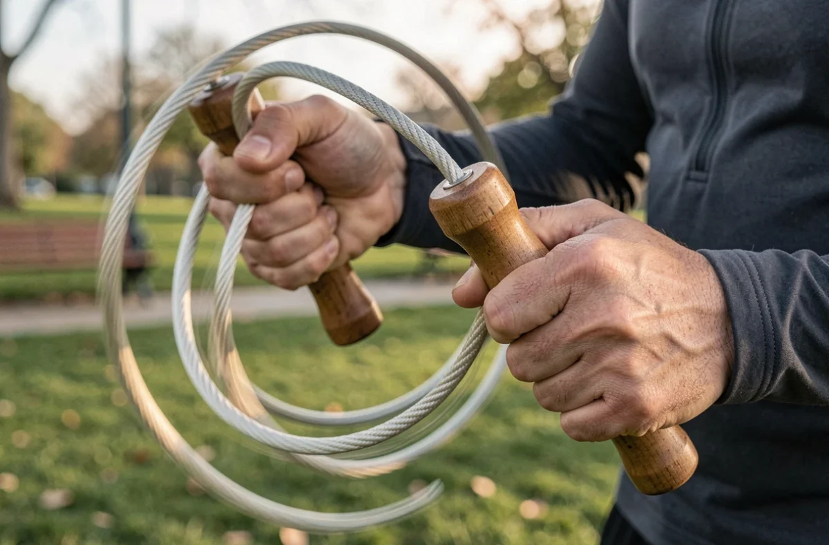 Gros plan sur les mains tenant les poignées d'une corde à sauter en mouvement dans un parc