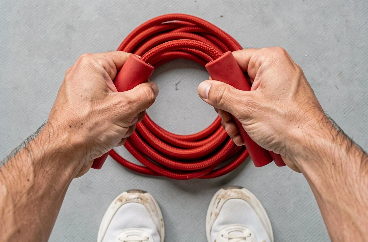 Gros plan sur des mains tenant les poignées d'une corde à sauter posée sur un tapis de gym gris