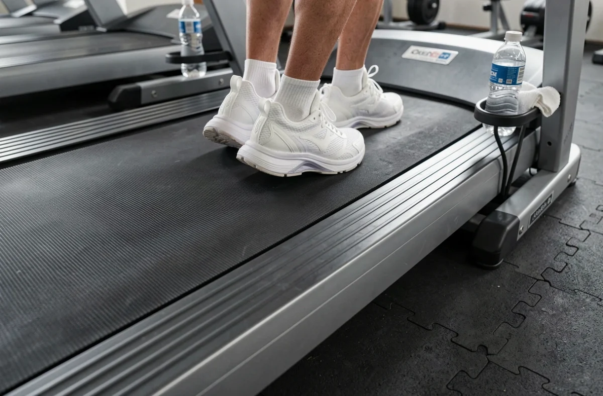 Gros plan sur la surface d'un tapis de course avec des chaussures de running en mouvement