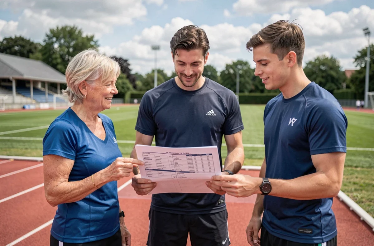Groupe d'adultes de niveaux différents analysant un plan d'entraînement sur une piste d'athlétisme