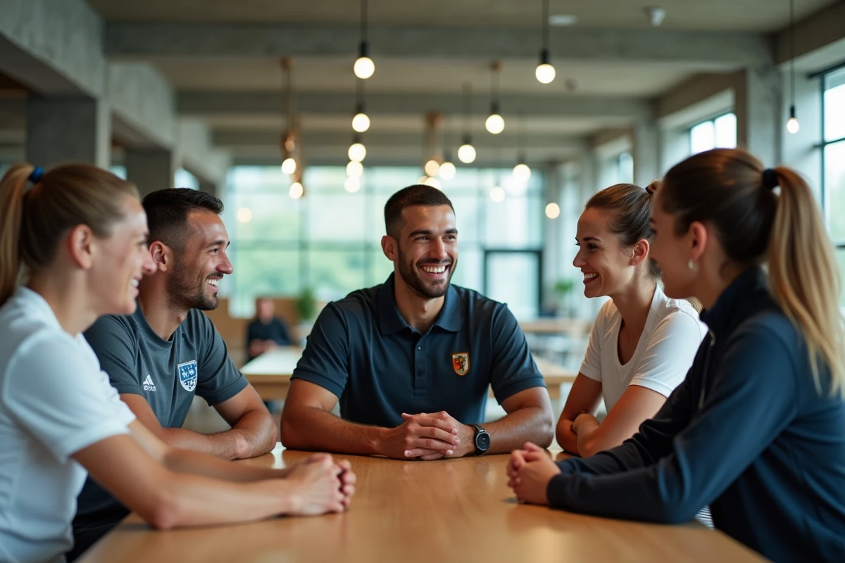Groupe d'athlètes élites de disciplines variées réunis dans un espace moderne de sport