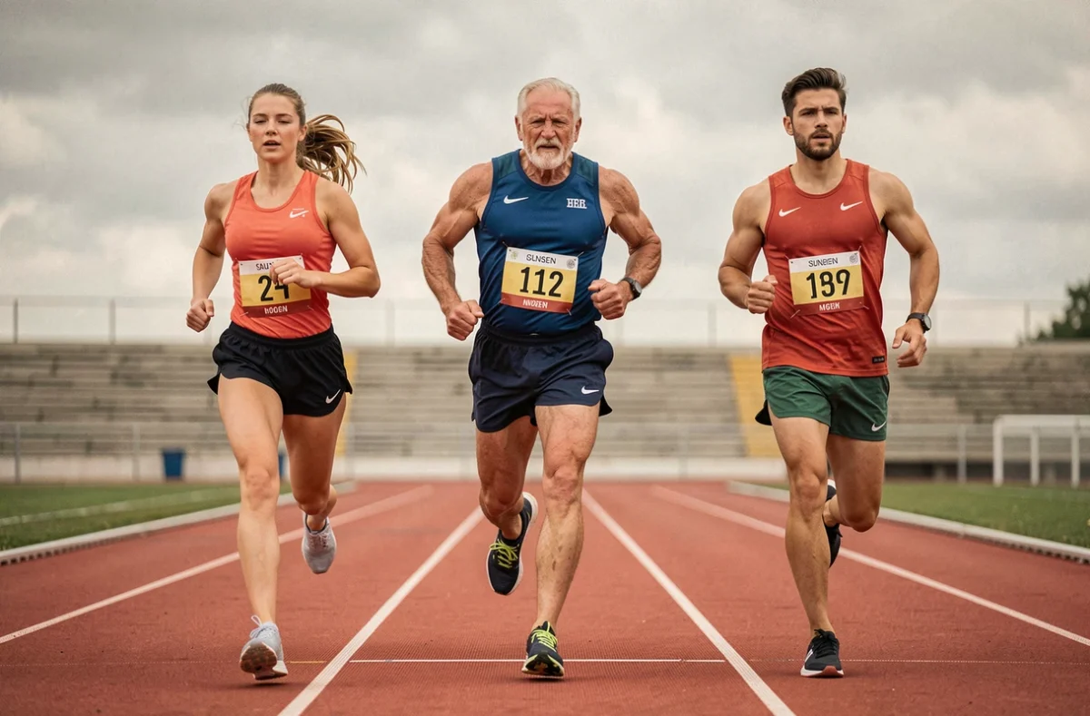 Groupe de coureurs de différents niveaux et âges sur une piste d'athlétisme lors d'une course 10 km chronométrée