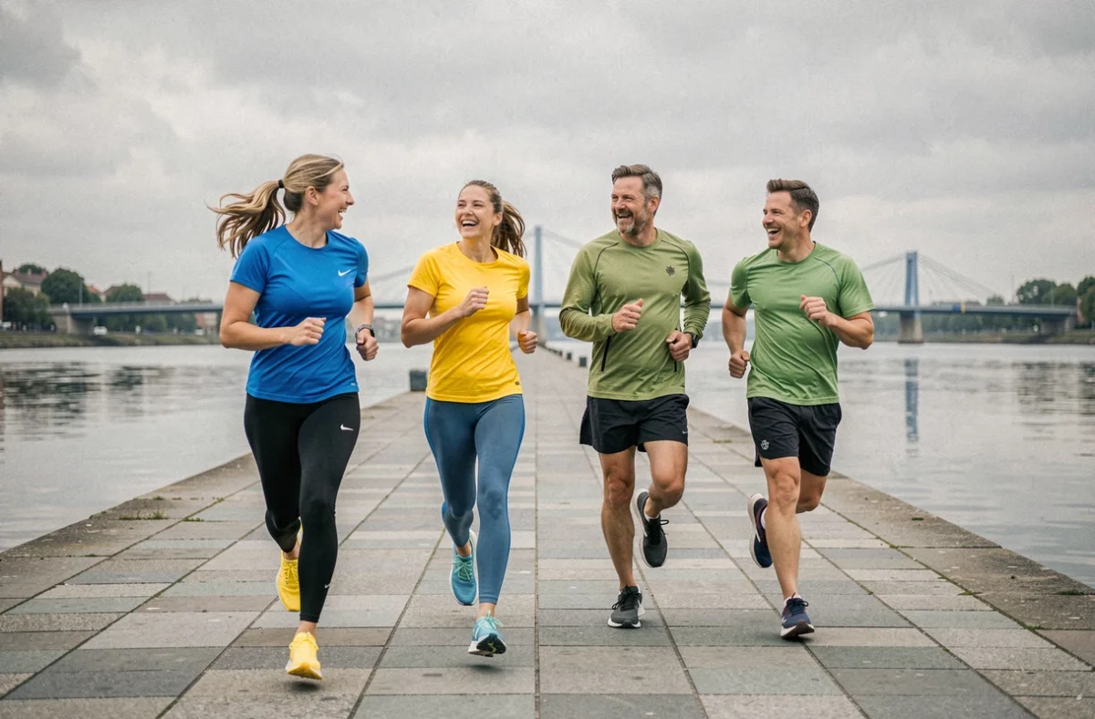 Groupe de coureurs s'entraînant ensemble sur une promenade au bord de l'eau pour courir 10 km