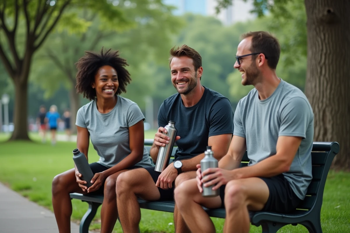 Groupe de coureurs qui se réhydratent sur un banc de parc après une séance de course en commun