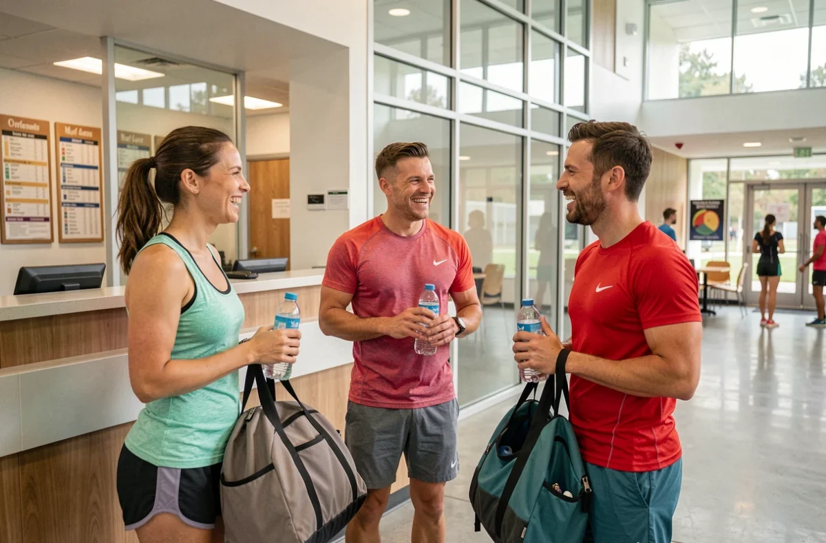 Groupe de sportifs en tenue de sport discutant dans le hall d'accueil du Complexe sportif Jules Ladoumègue à Paris