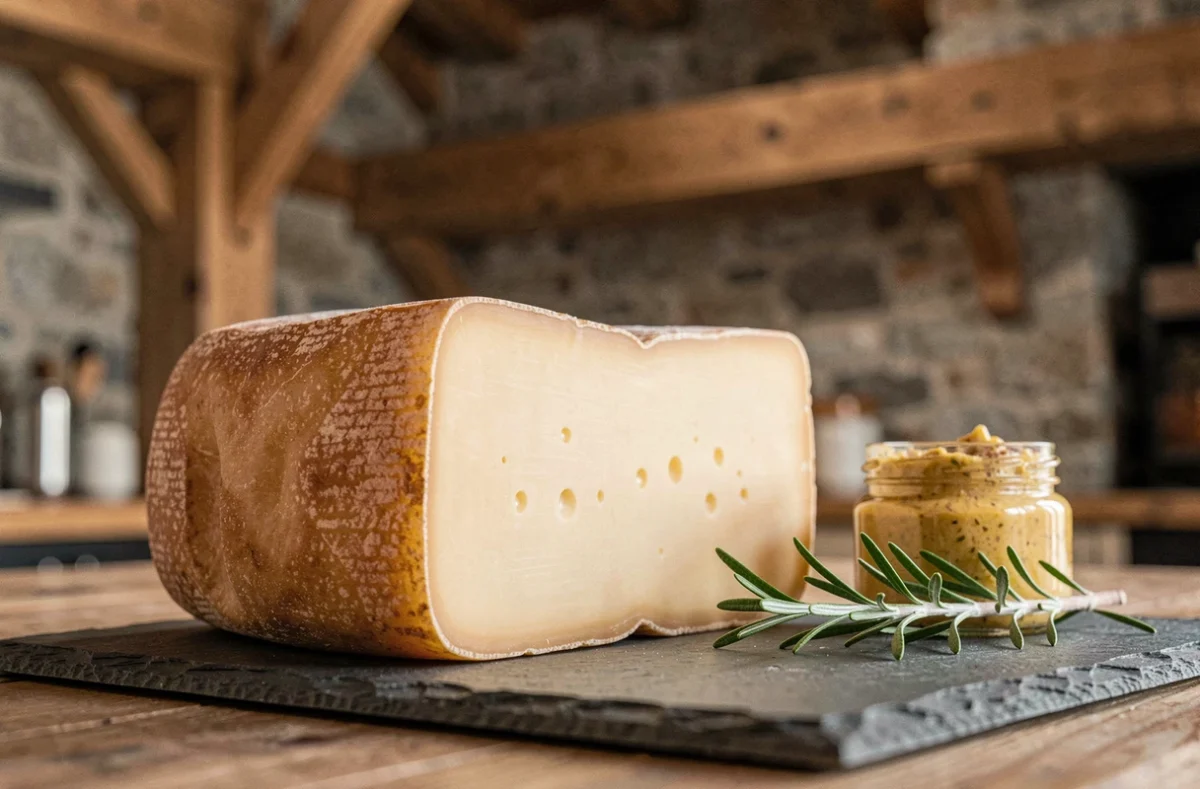 Morceau de gruyère avec sa croûte dorée et sa pâte dense sur une ardoise