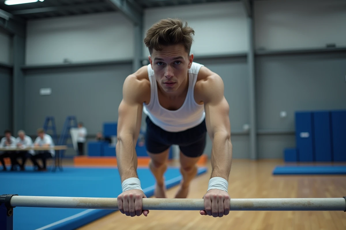 Gymnaste masculin en compétition individuelle aux barres parallèles dans une salle de gymnastique